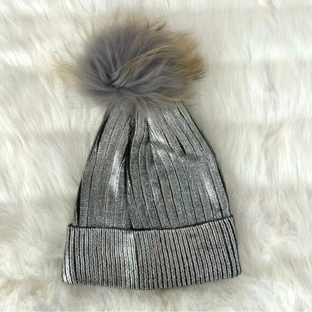 Bari Lynn Silver Metallic Beanie with Fur PomPom